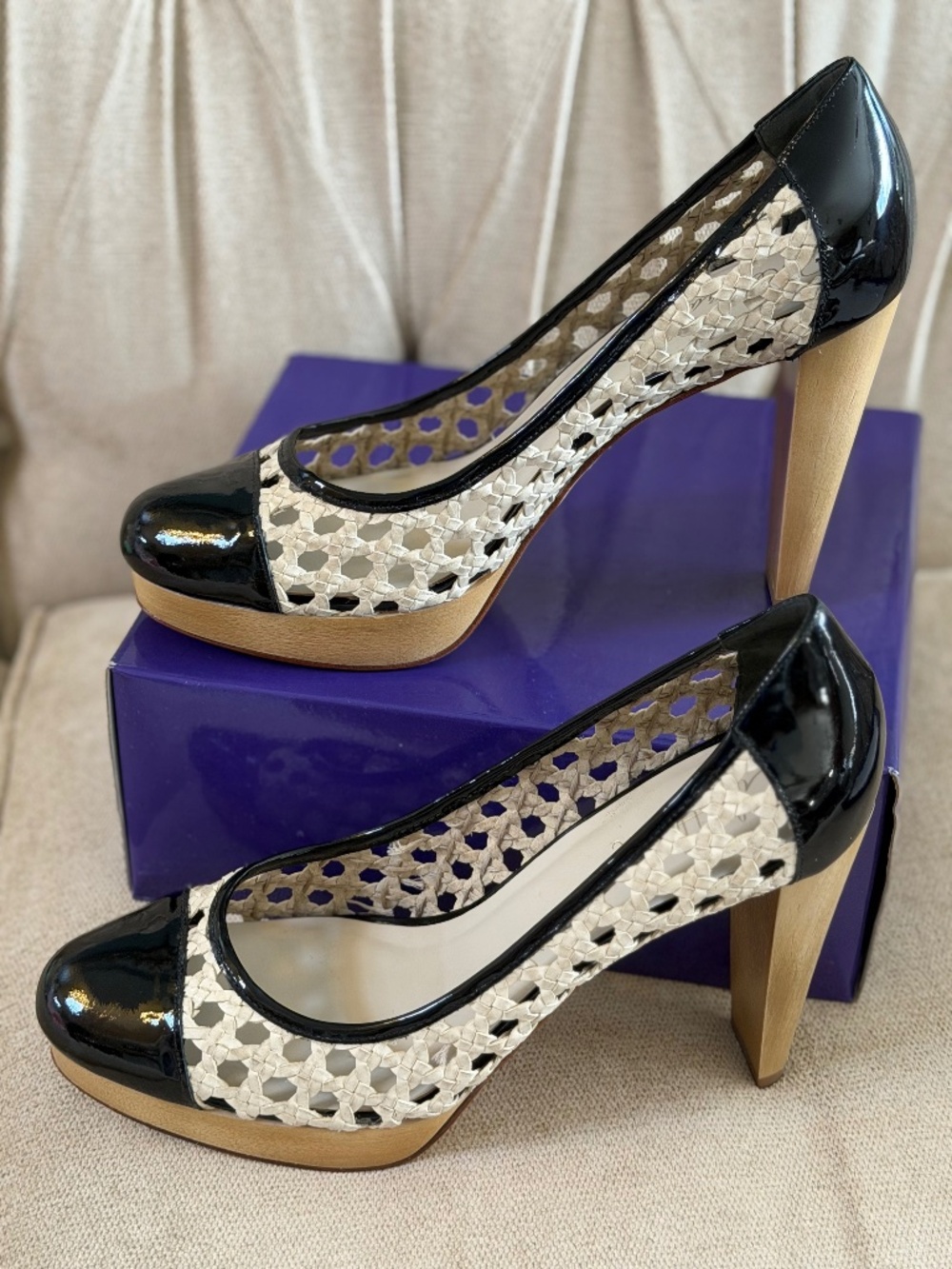 Cole Haan black patent leather woven platform heels